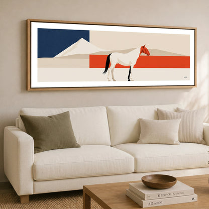 Bold Equine Horizon Horse Landscape panoramic canvas wall art displayed above a sofa