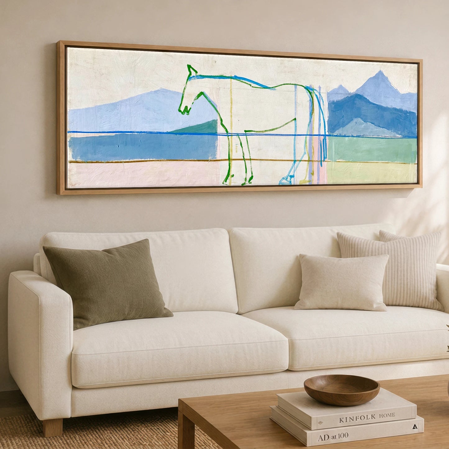 Architectural Equine Horizon Horse Landscape panoramic canvas wall art displayed above a sofa