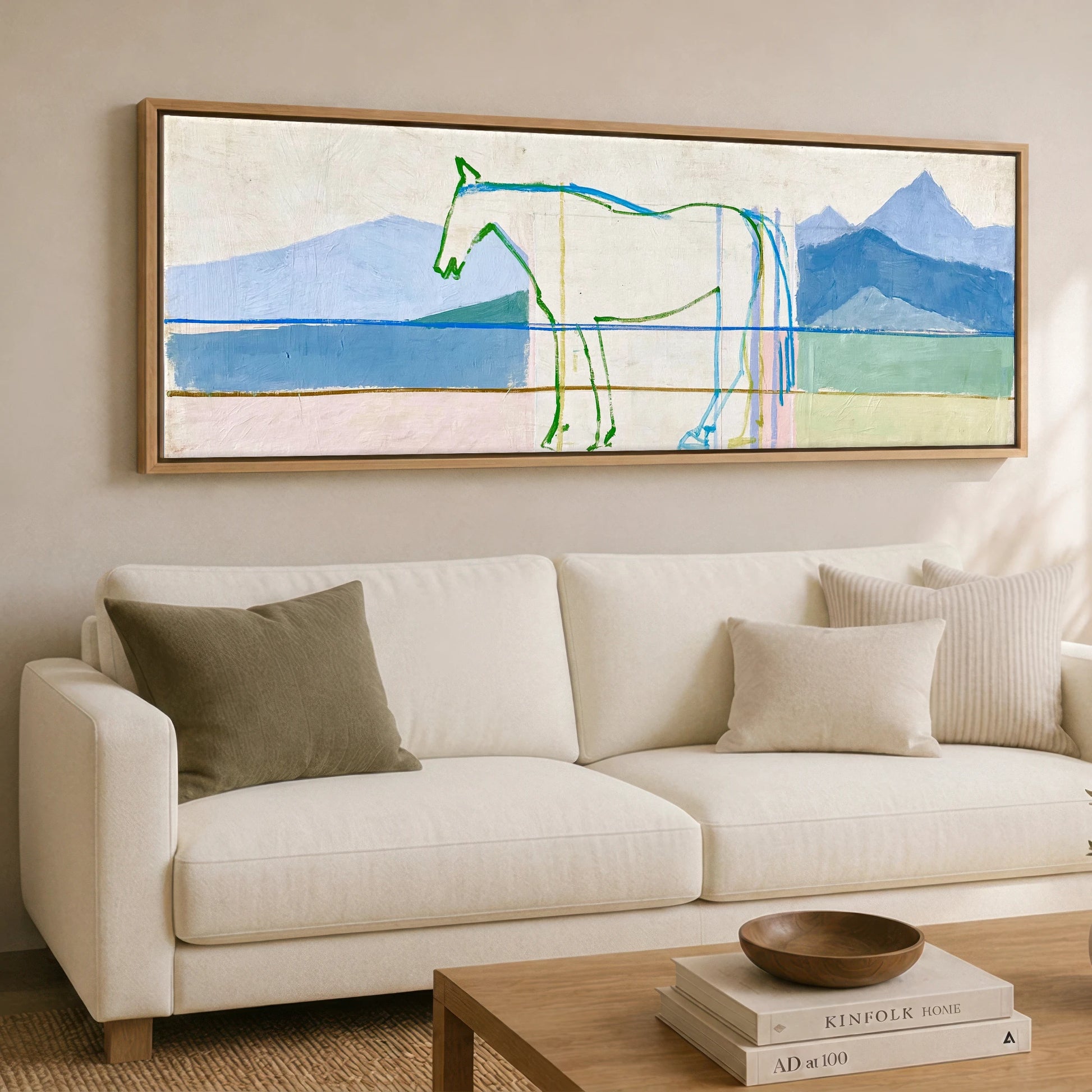 Architectural Equine Horizon Horse Landscape panoramic canvas wall art displayed above a sofa