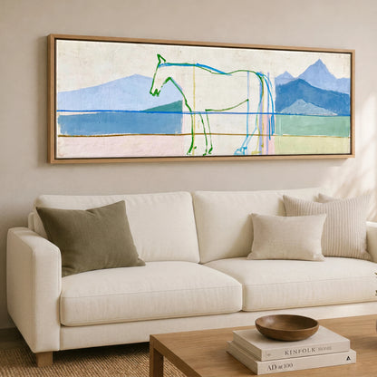 Architectural Equine Horizon Horse Landscape panoramic canvas wall art displayed above a sofa