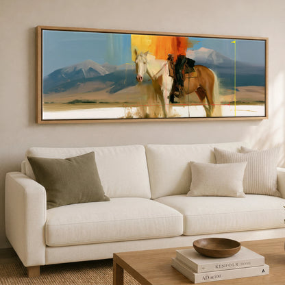 Abstract Western Horizon Horse Landscape panoramic canvas wall art displayed above a sofa