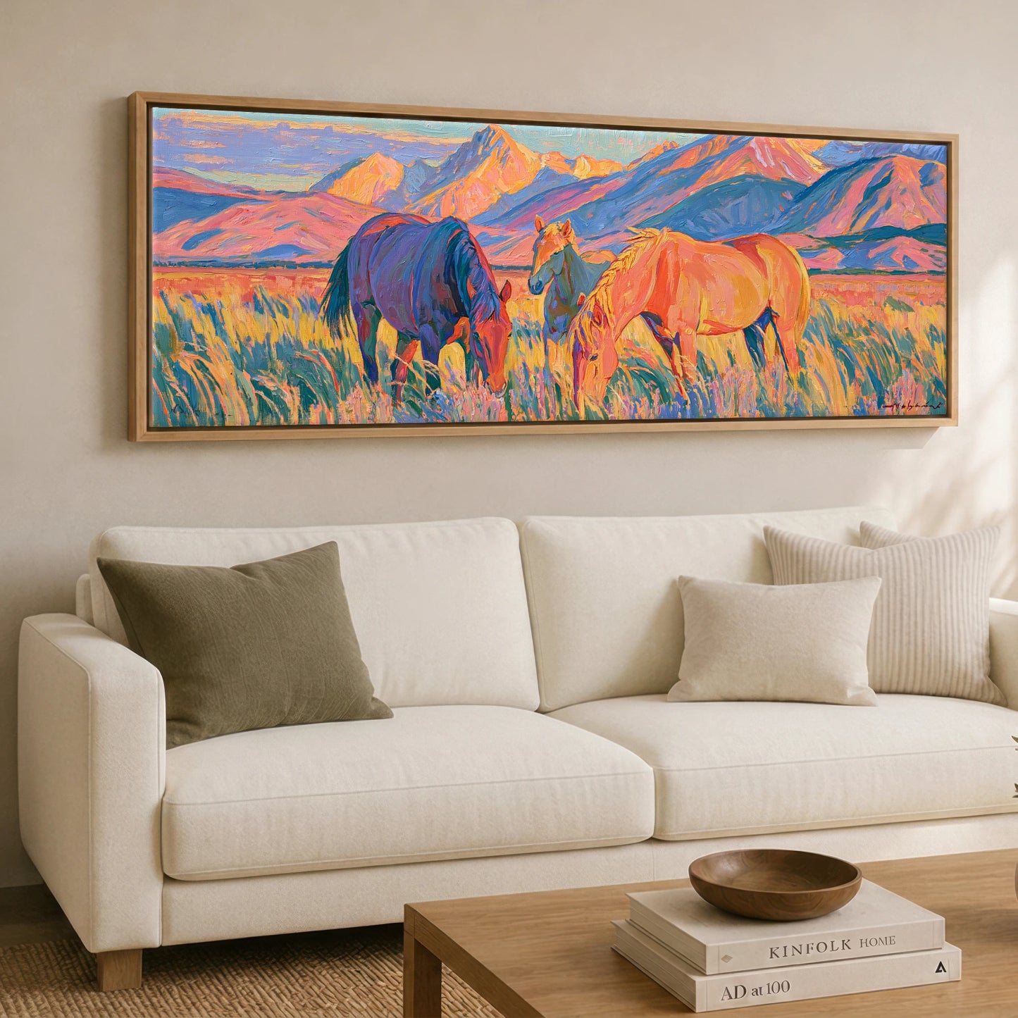Vibrant High Country Grazing Horse Landscape panoramic canvas wall art displayed above a sofa