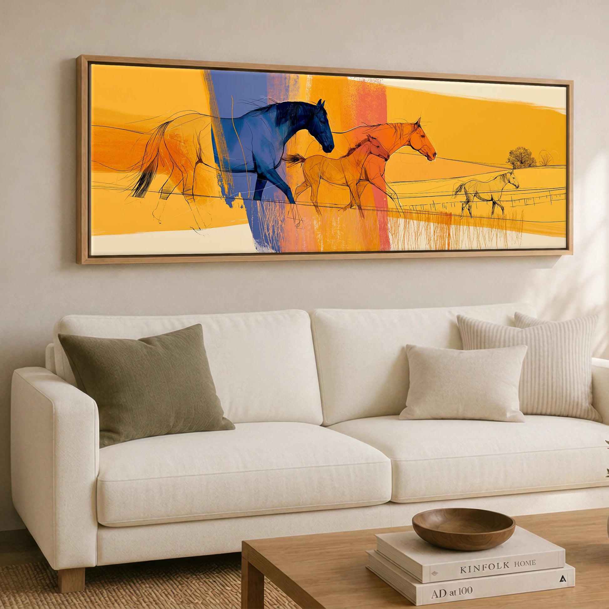 Prismatic Plains Horse Landscape panoramic canvas wall art displayed above a sofa