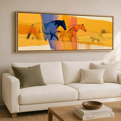 Prismatic Plains Horse Landscape panoramic canvas wall art displayed above a sofa