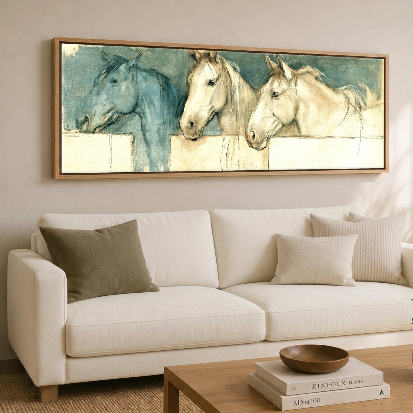 Over the Half Door Horse Stable panoramic canvas wall art displayed above a sofa