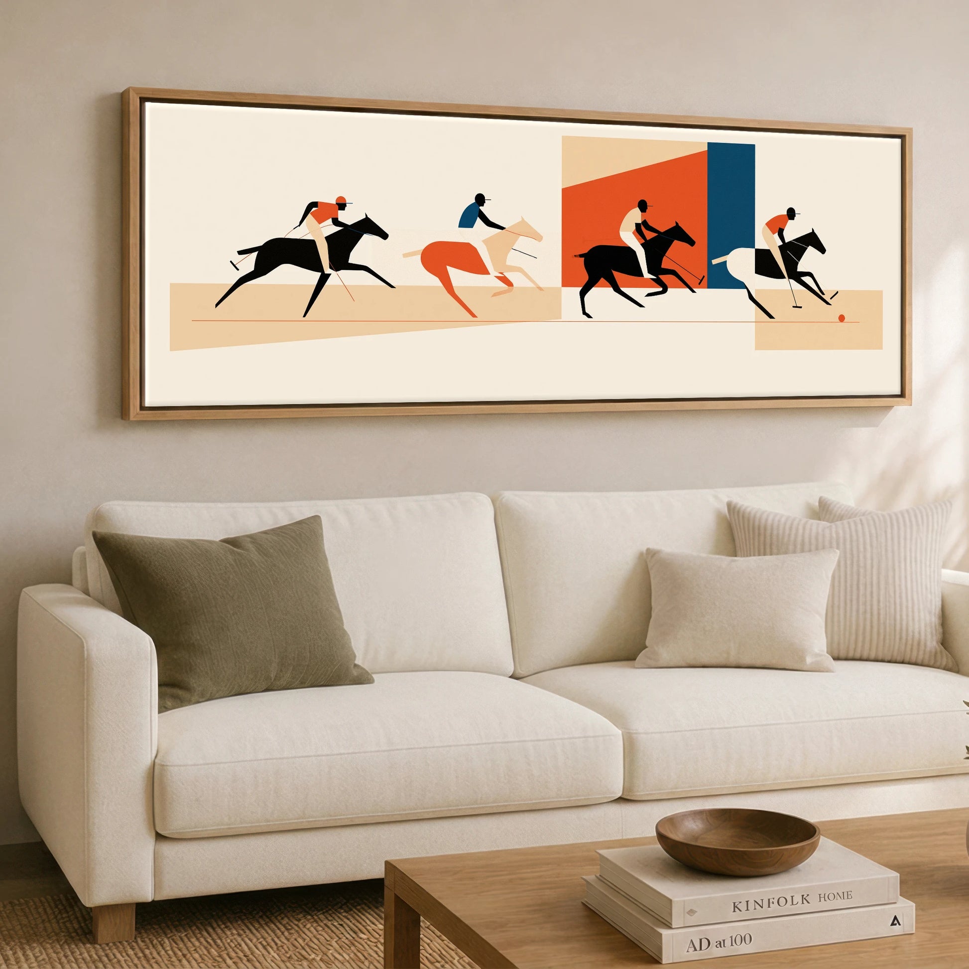 Retro Polo Pursuit Polo Horse panoramic canvas wall art displayed above a sofa
