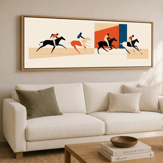 Retro Polo Pursuit Polo Horse panoramic canvas wall art displayed above a sofa