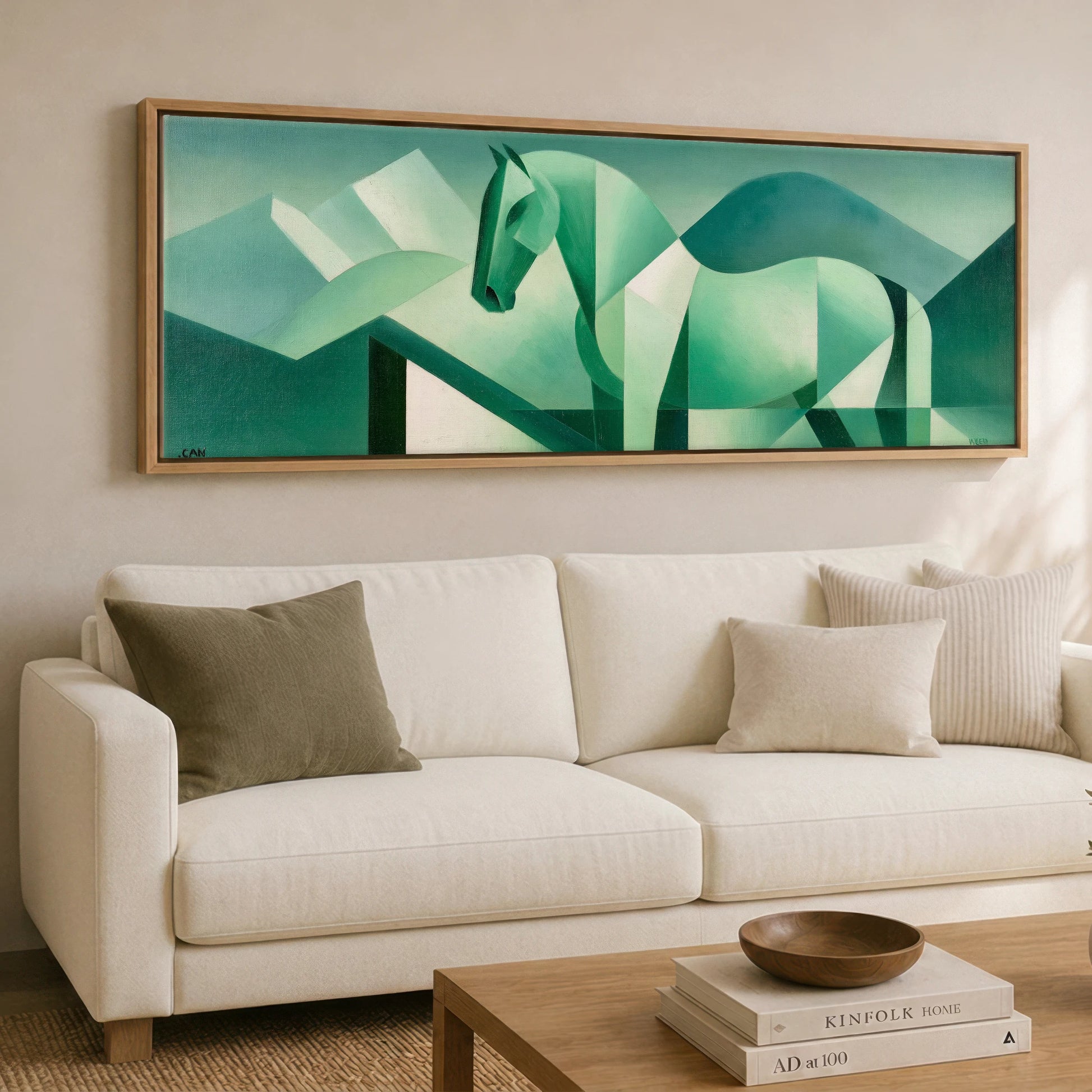 Structured Jade Equine Horse Landscape panoramic canvas wall art displayed above a sofa
