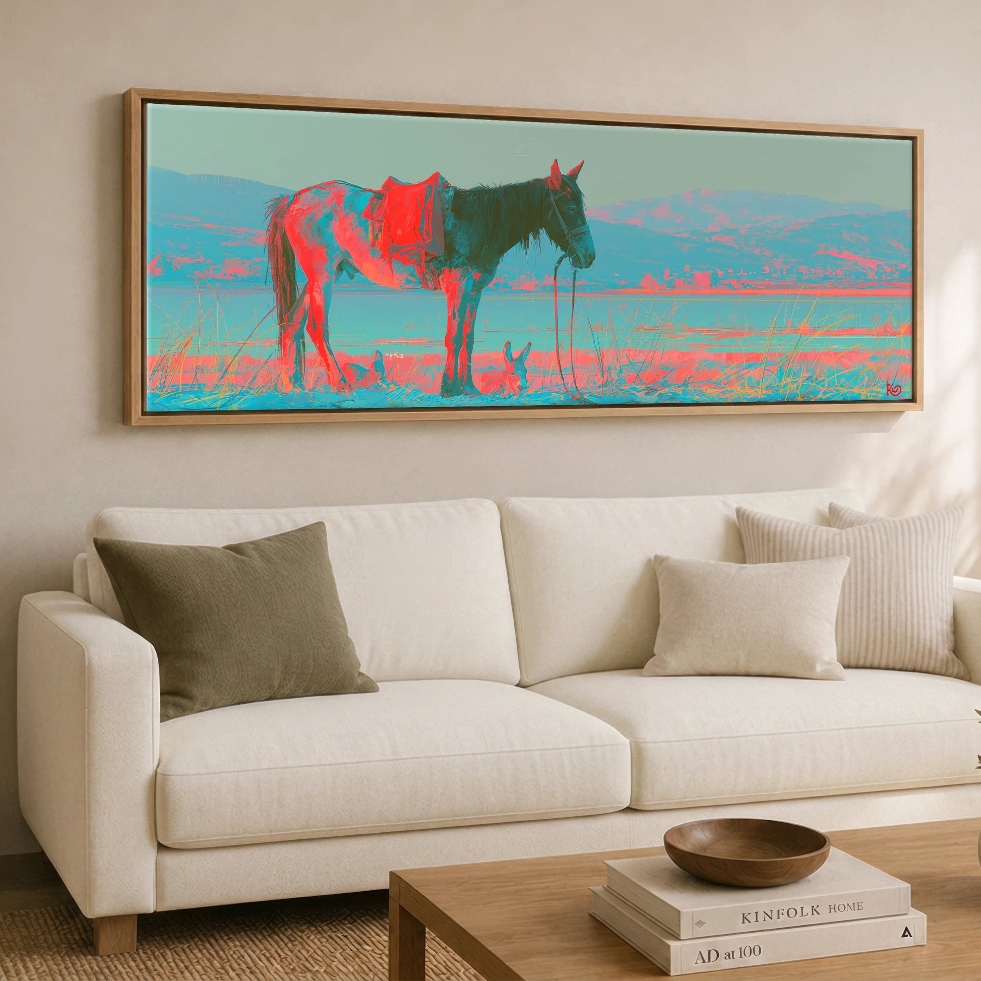 Electric Equine Horizon Horse Landscape panoramic canvas wall art displayed above a sofa