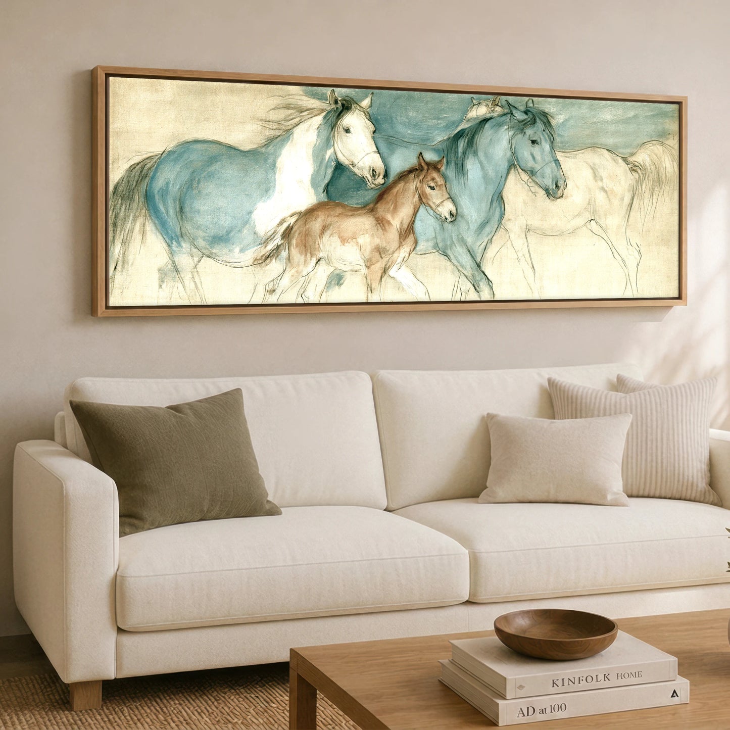Teal and Parchment Herd Mare & Foal panoramic canvas wall art displayed above a sofa