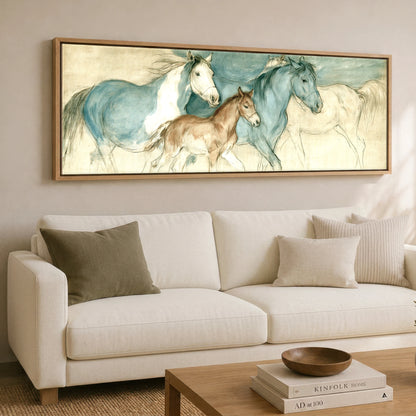 Teal and Parchment Herd Mare & Foal panoramic canvas wall art displayed above a sofa