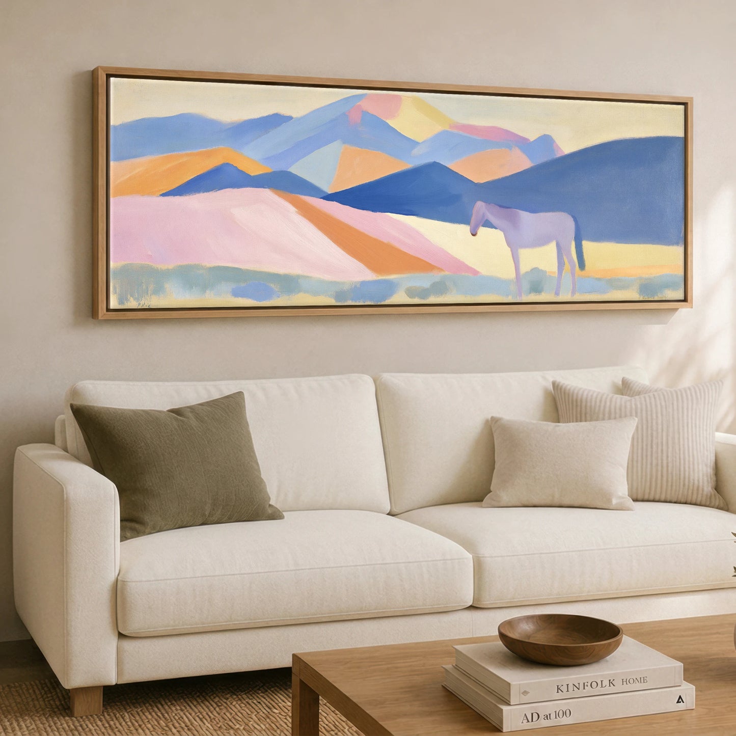 Lavender Mountain Horizon Horse Landscape panoramic canvas wall art displayed above a sofa