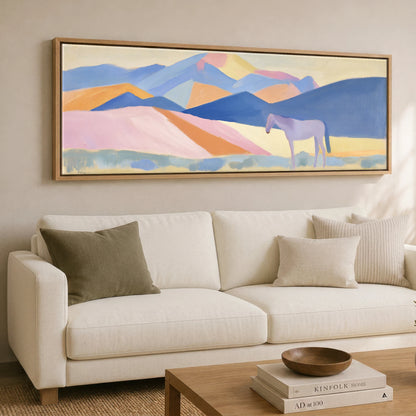 Lavender Mountain Horizon Horse Landscape panoramic canvas wall art displayed above a sofa