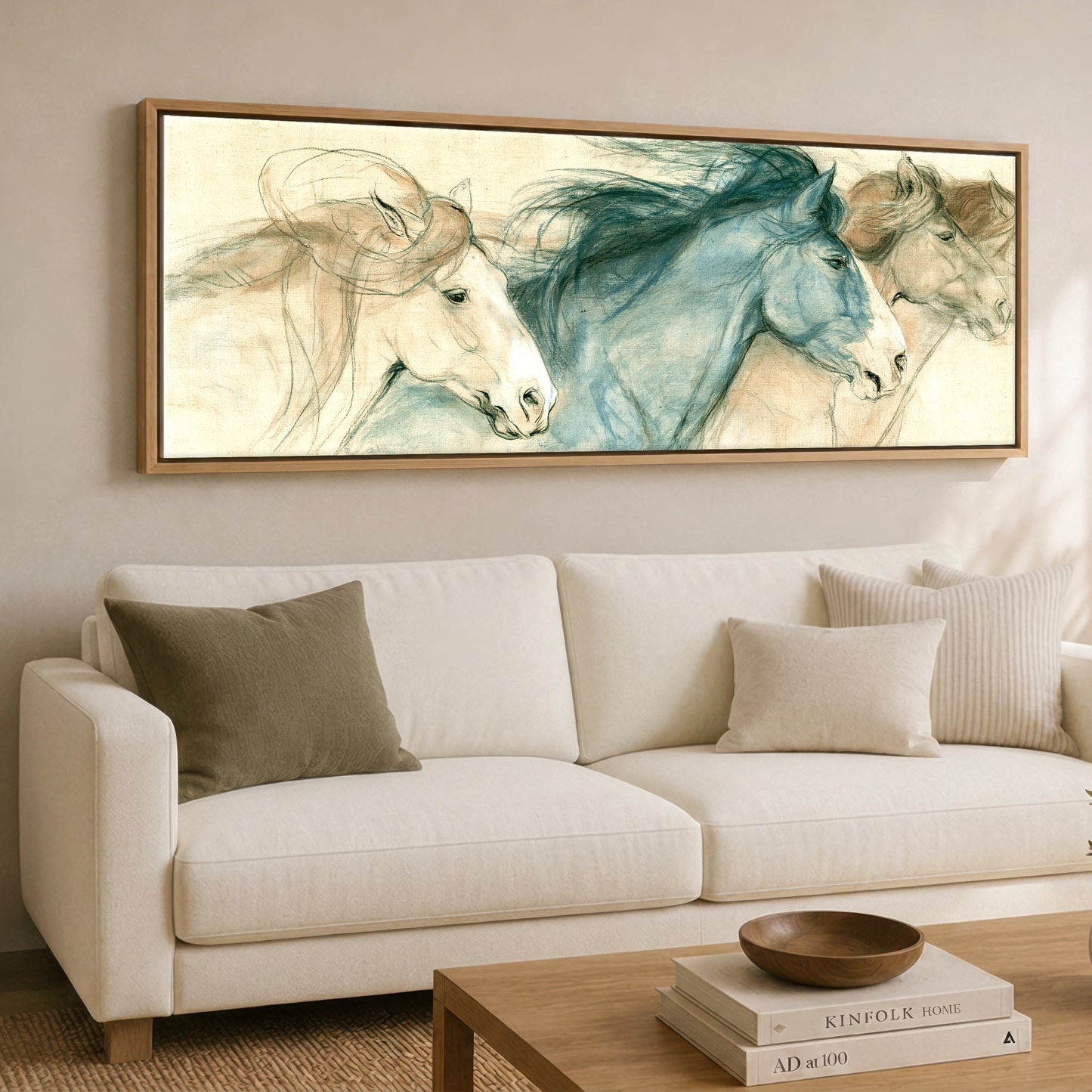 Windswept Equine Trio Horse Landscape panoramic canvas wall art displayed above a sofa