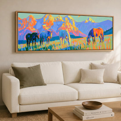 Painted Mountain Pasture Horse Landscape panoramic canvas wall art displayed above a sofa