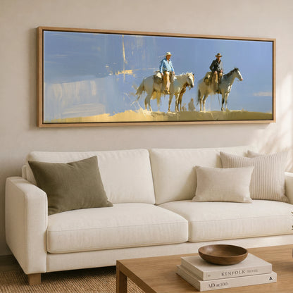 Sunlit Range Riders Horse & Rider panoramic canvas wall art displayed above a sofa