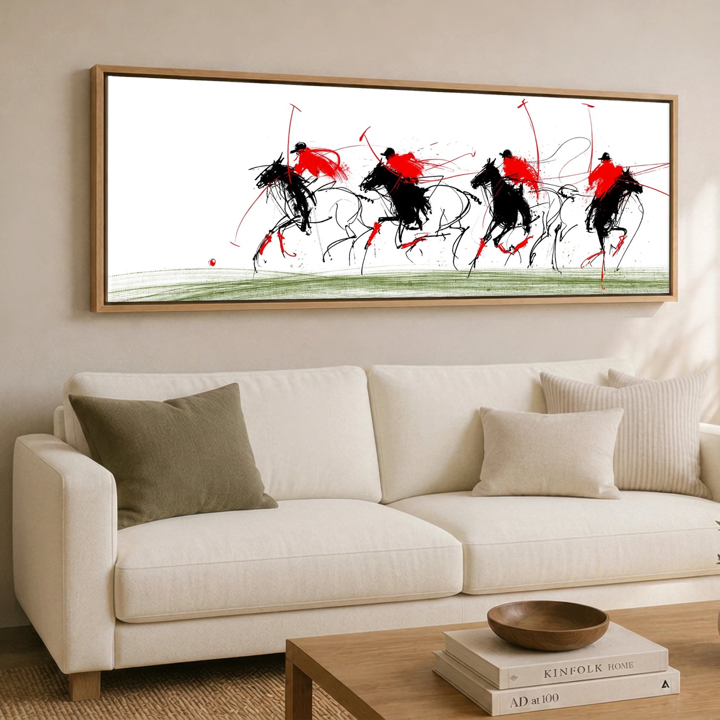 The Scarlet Charge Polo Horse panoramic canvas wall art displayed above a sofa
