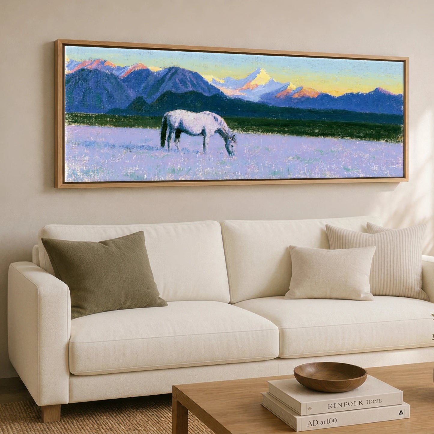 Lavender Mountain Pasture Horse Landscape panoramic canvas wall art displayed above a sofa
