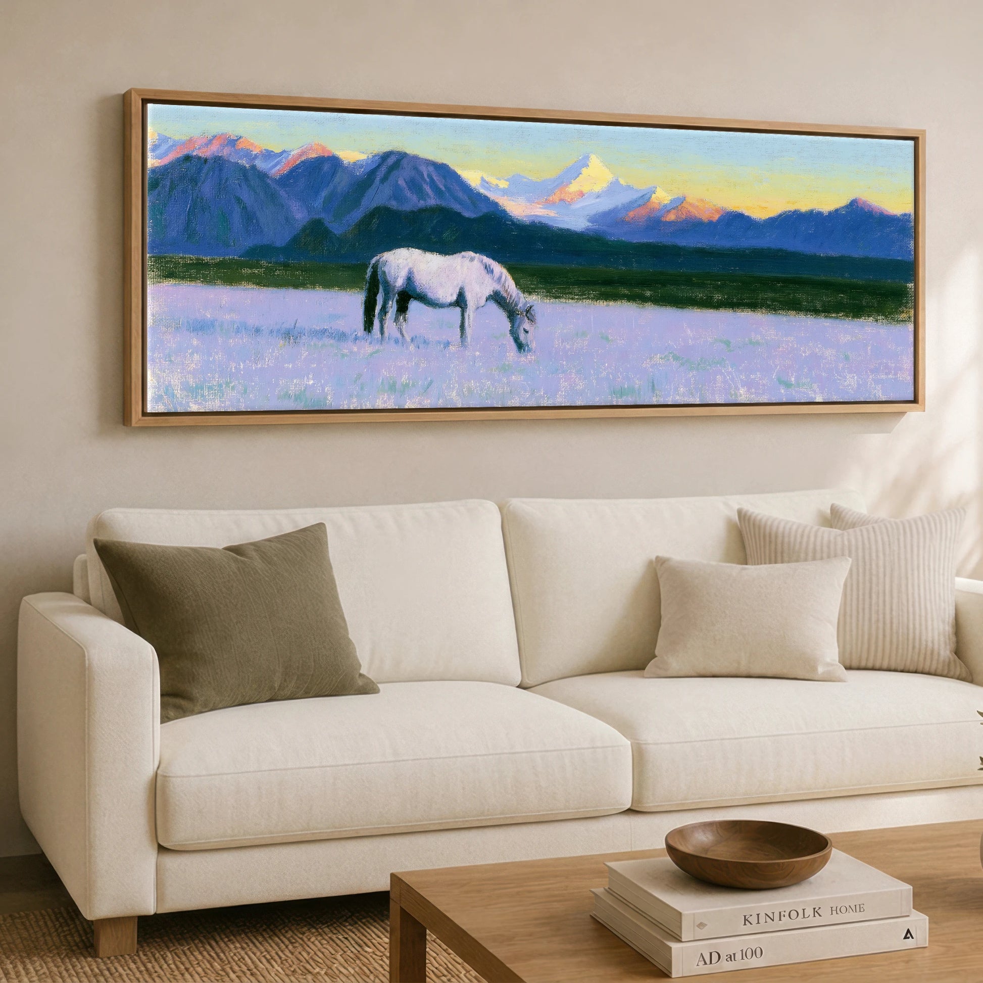 Lavender Mountain Pasture Horse Landscape panoramic canvas wall art displayed above a sofa