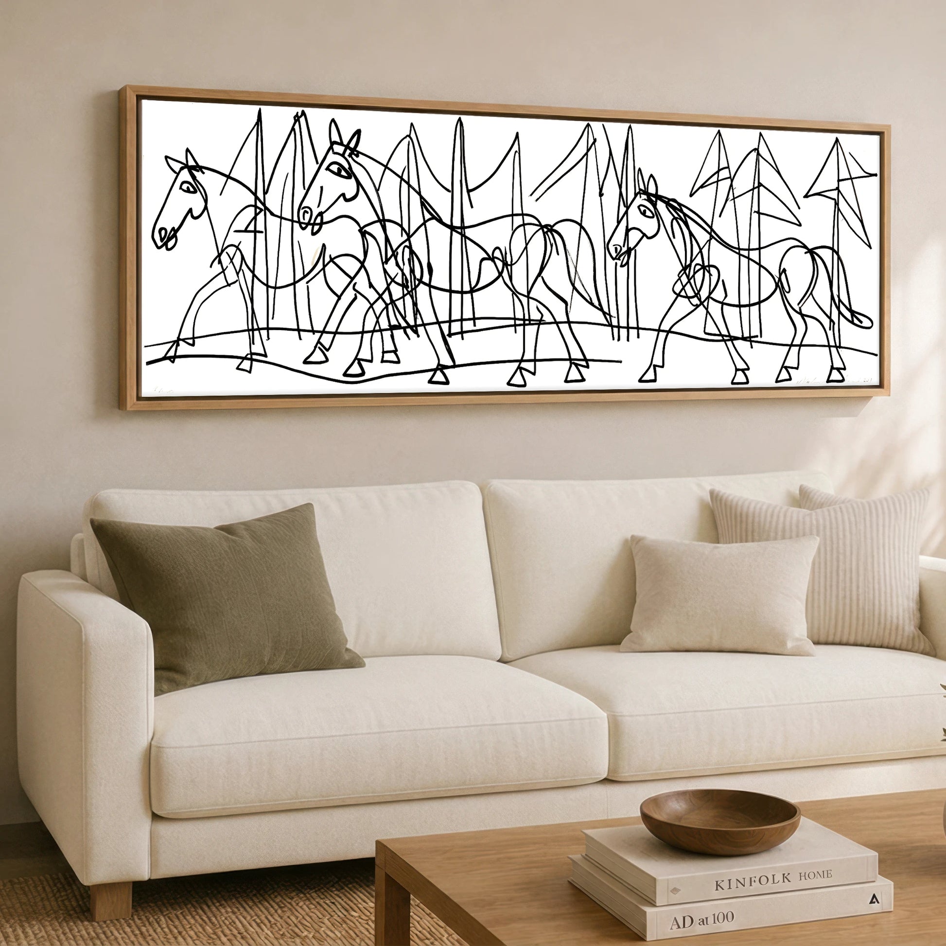 Abstract Equine Contours Horse Landscape panoramic canvas wall art displayed above a sofa
