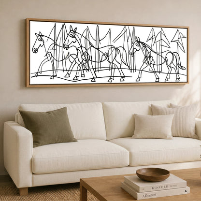 Abstract Equine Contours Horse Landscape panoramic canvas wall art displayed above a sofa