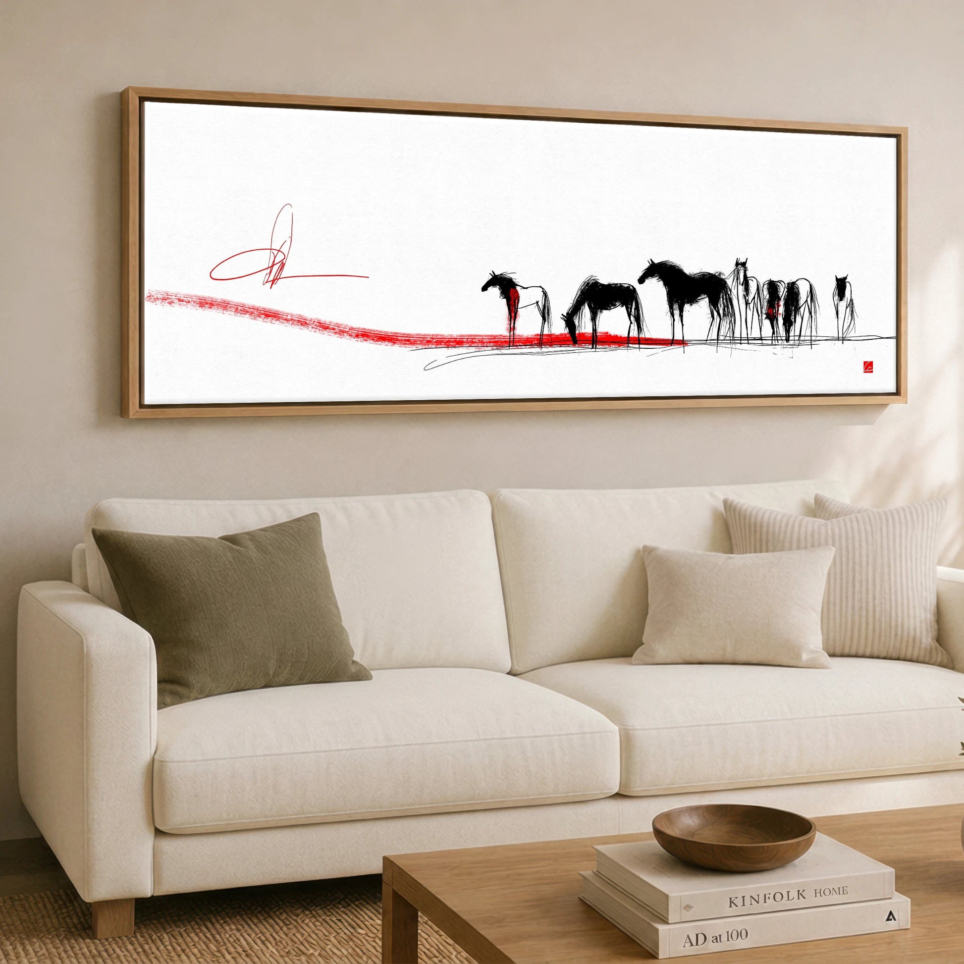 Crimson Horizon Herd Wild Horses panoramic canvas wall art displayed above a sofa