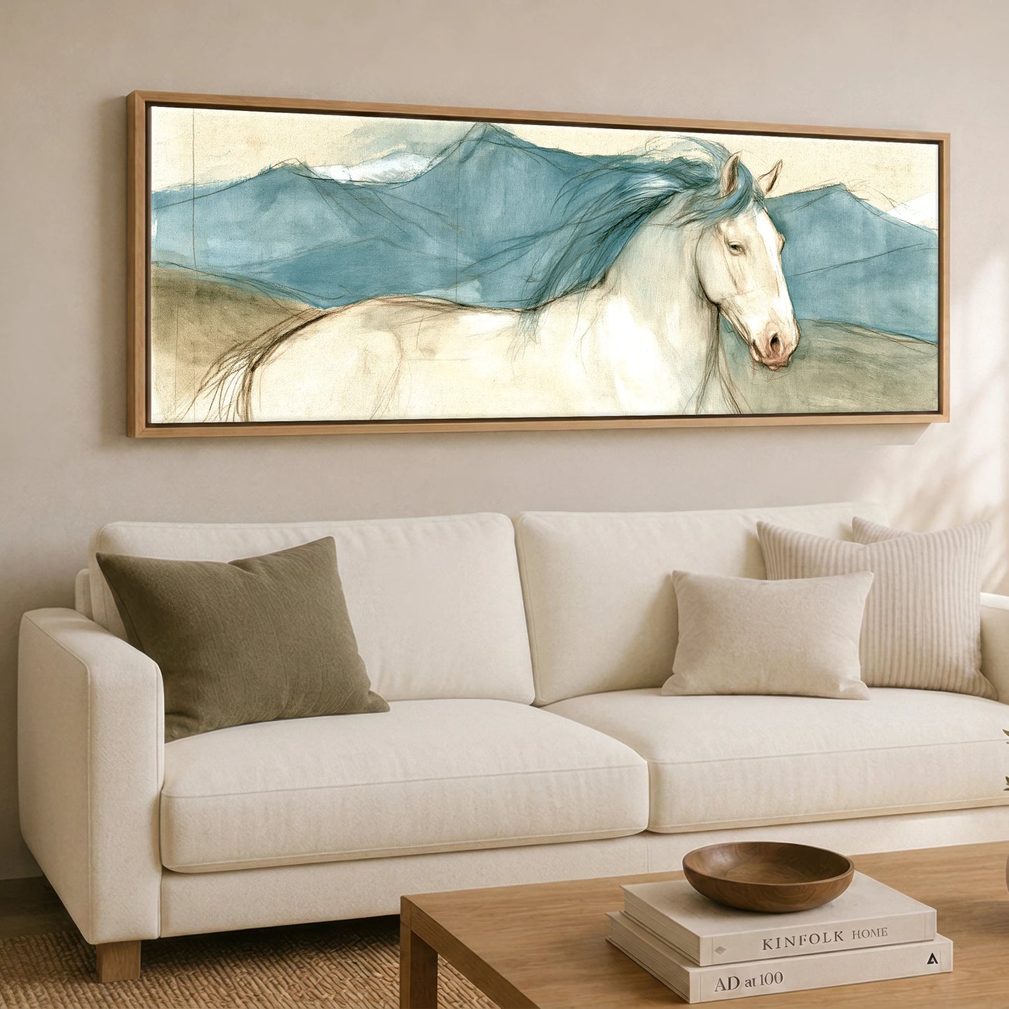 Azure Ridge Horse Landscape panoramic canvas wall art displayed above a sofa