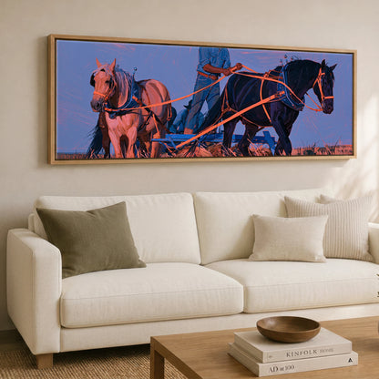 Twilight Draught Team Working Horse panoramic canvas wall art displayed above a sofa