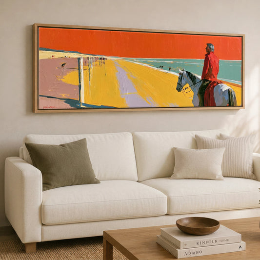 Vivid Coastal Hack Horse Landscape panoramic canvas wall art displayed above a sofa
