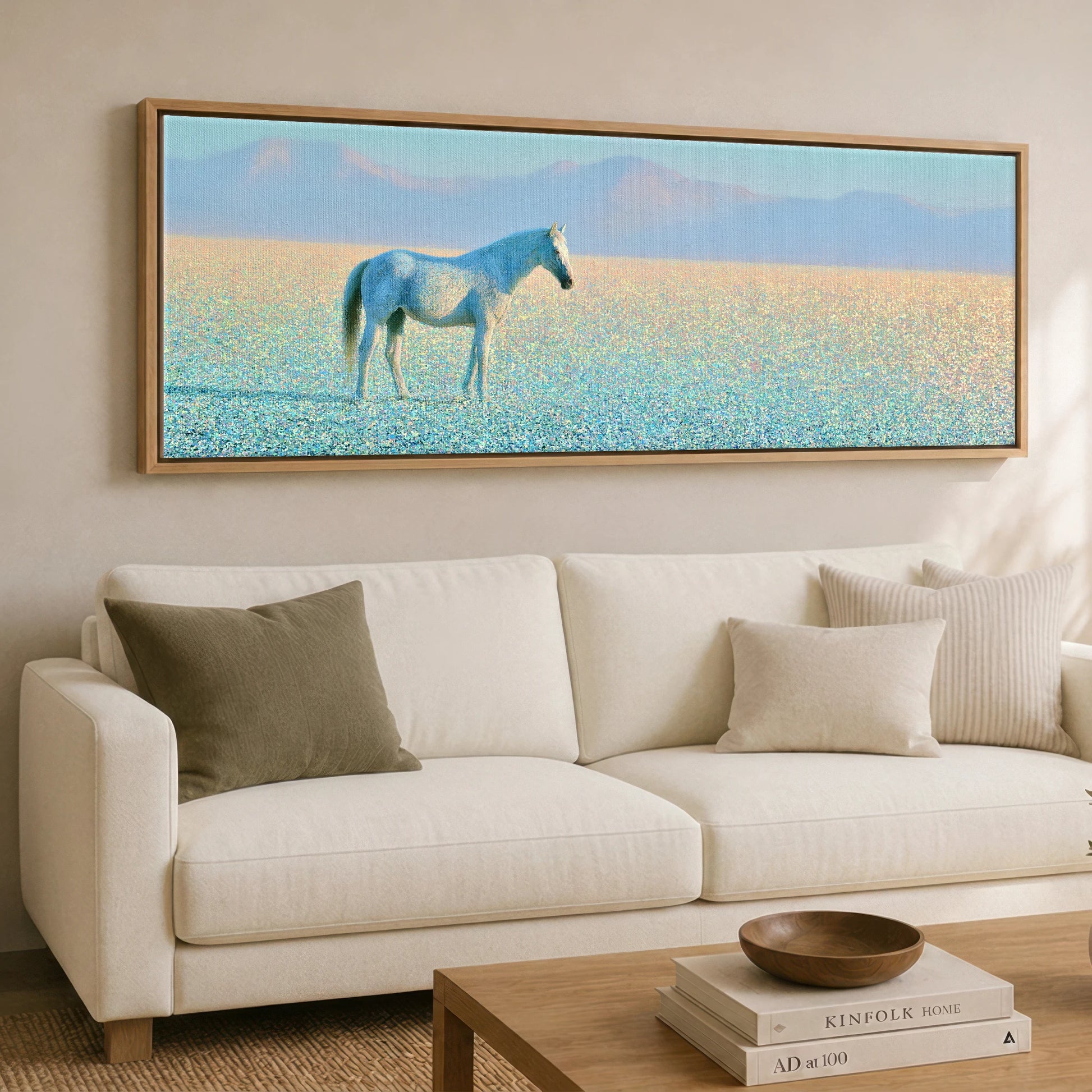 Shimmering Solitude Horse Landscape panoramic canvas wall art displayed above a sofa
