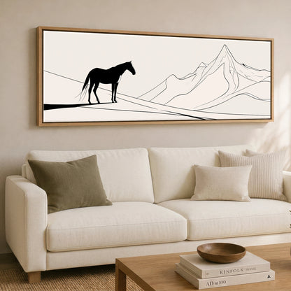 Mountain Contour Silhouette Horse Landscape panoramic canvas wall art displayed above a sofa