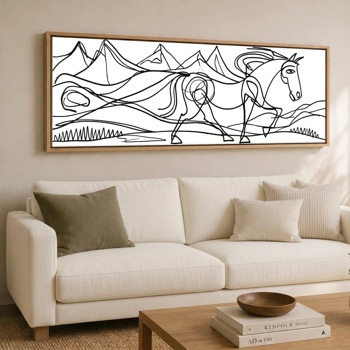 Bold Equine Contours Horse Landscape panoramic canvas wall art displayed above a sofa