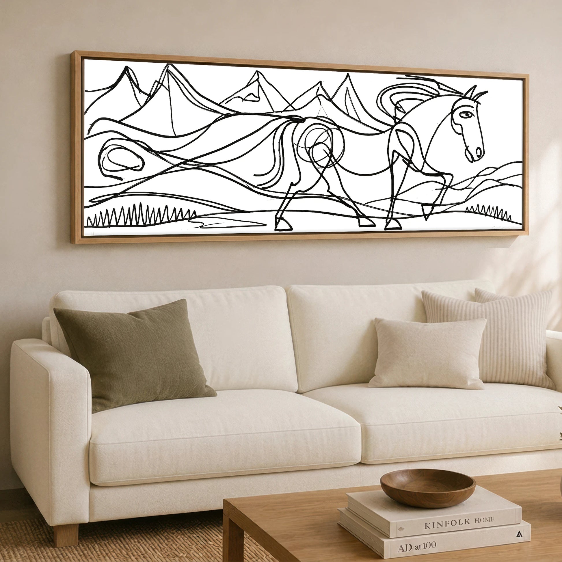Bold Equine Contours Horse Landscape panoramic canvas wall art displayed above a sofa
