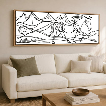 Bold Equine Contours Horse Landscape panoramic canvas wall art displayed above a sofa
