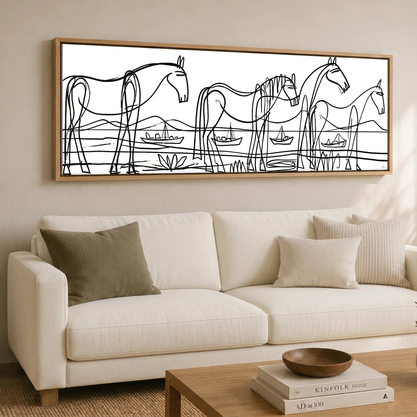 Equine Coastal Rhythm Horse Landscape panoramic canvas wall art displayed above a sofa