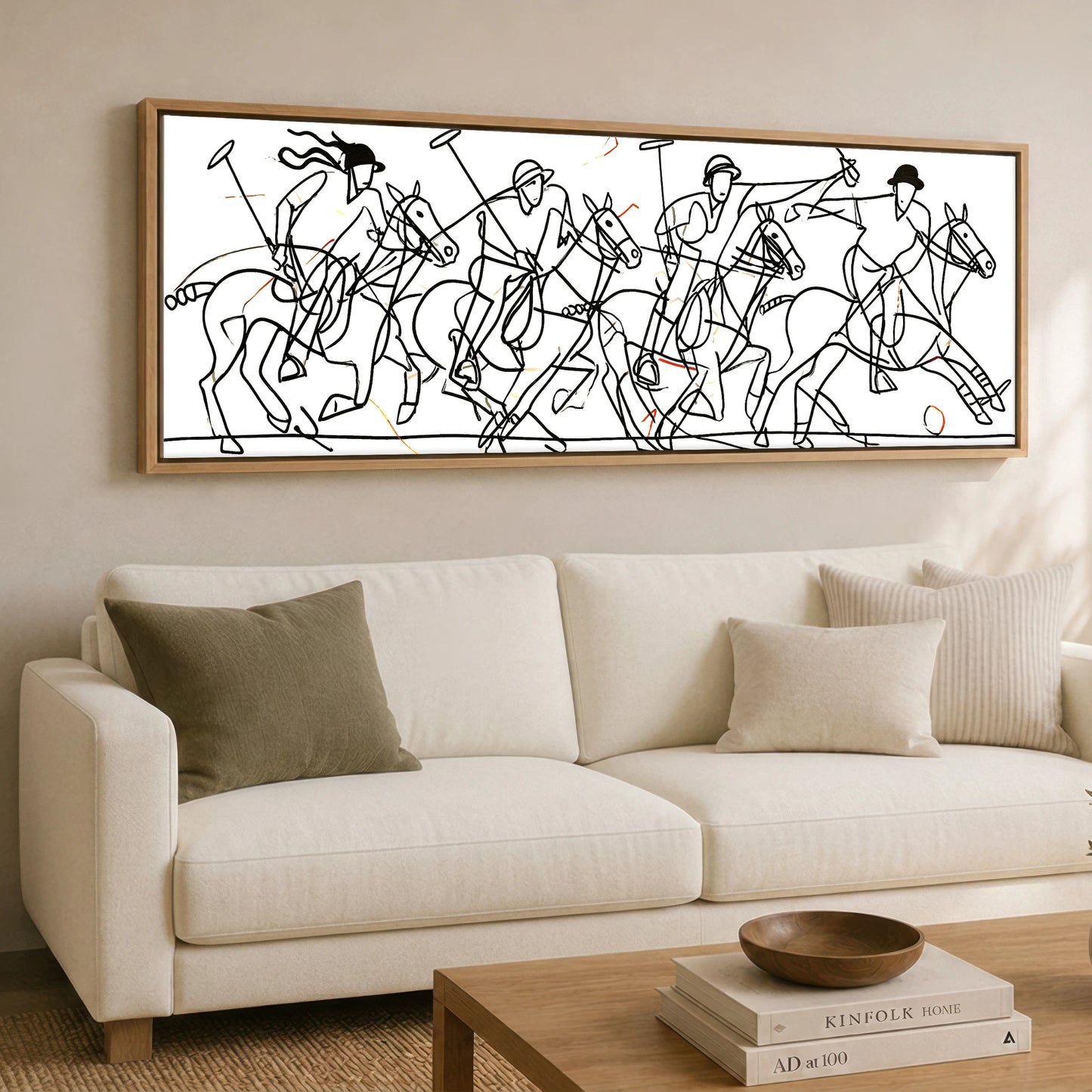 The Line of Play Polo Horse panoramic canvas wall art displayed above a sofa