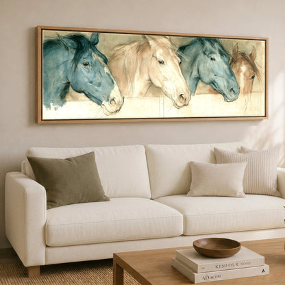 Stable Companions Horse Stable panoramic canvas wall art displayed above a sofa