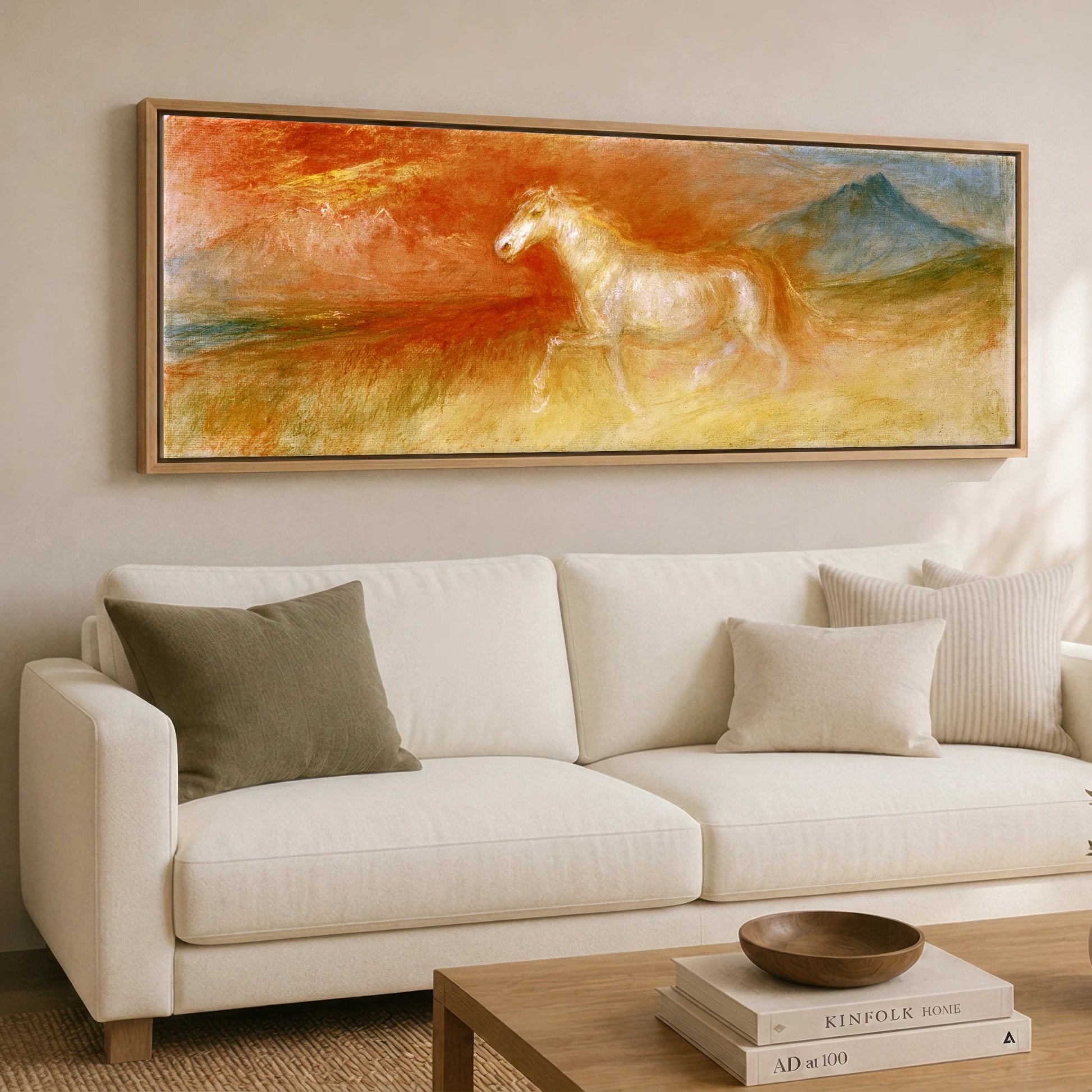 Luminous Spirit Horse Landscape panoramic canvas wall art displayed above a sofa