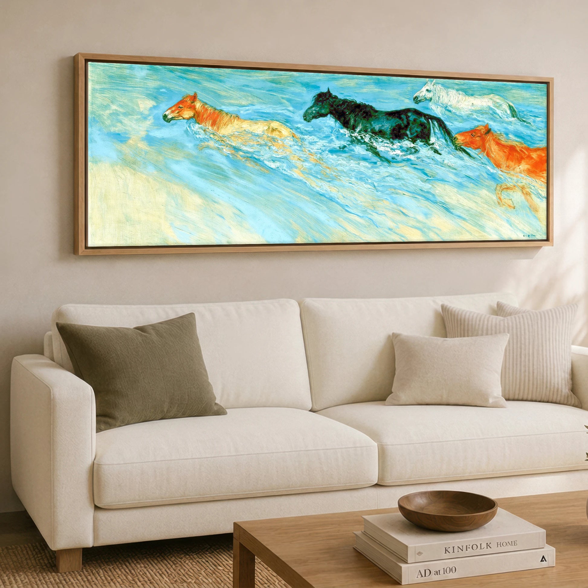 Vivid Surf Surge Beach Horse panoramic canvas wall art displayed above a sofa