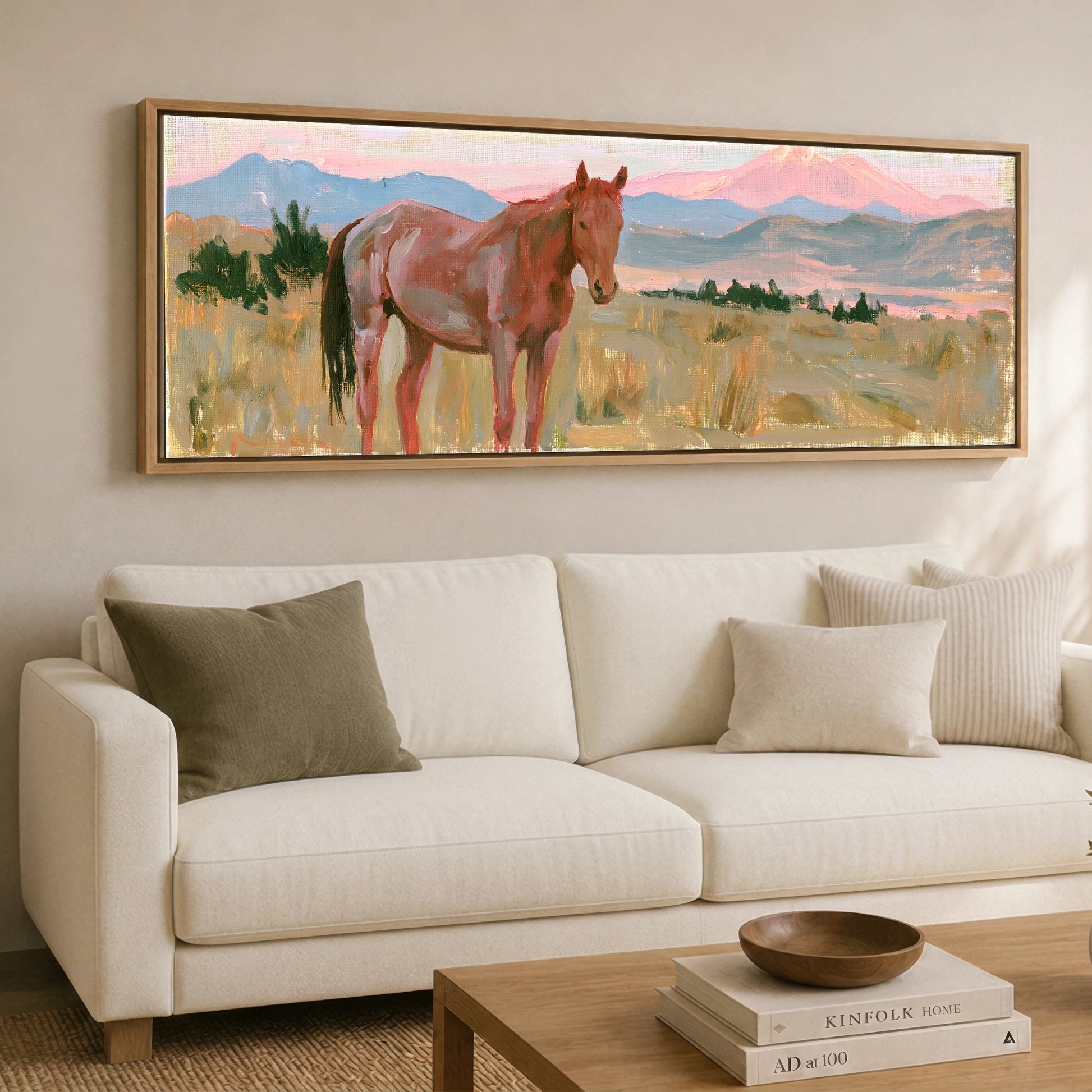 Pastel Mountain Morning Horse Landscape panoramic canvas wall art displayed above a sofa