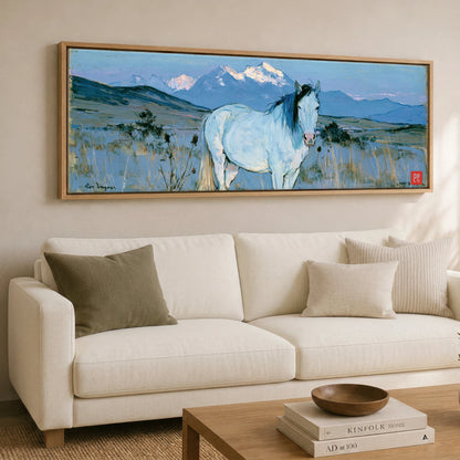 High Country Sentinel Horse Landscape panoramic canvas wall art displayed above a sofa
