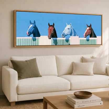 The Morning Line-Up Horse Stable panoramic canvas wall art displayed above a sofa