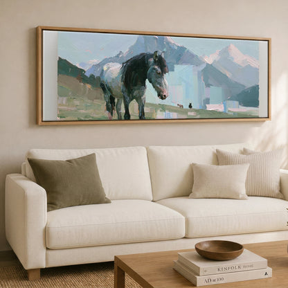 Pastures Beneath the Peaks Horse Landscape panoramic canvas wall art displayed above a sofa