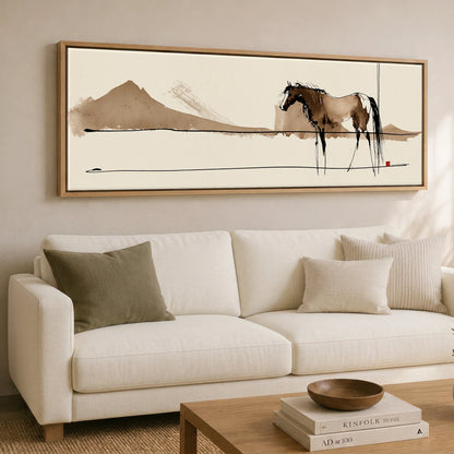 Silent Equine Horizon Horse Landscape panoramic canvas wall art displayed above a sofa