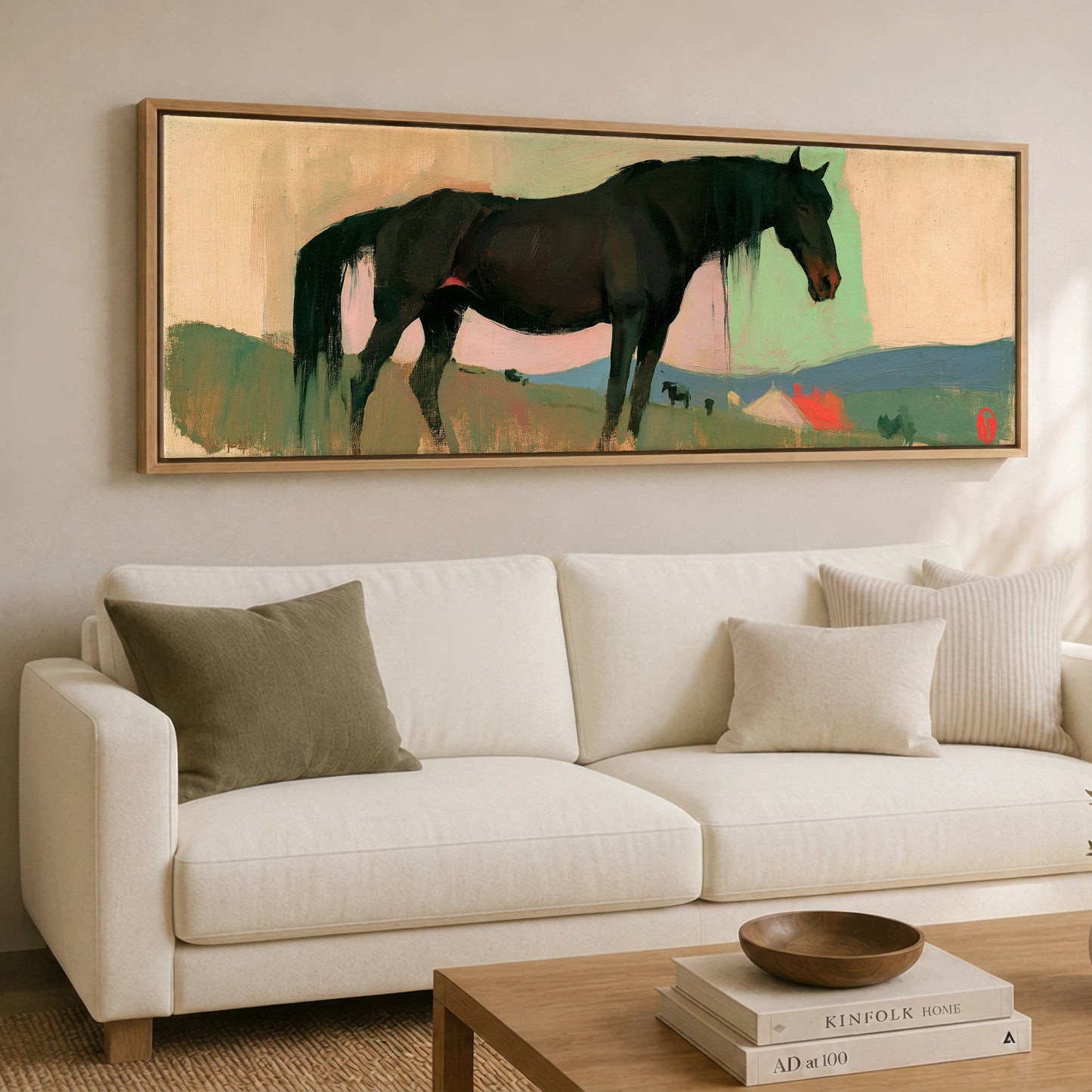 Dusk on the Ridge Horse Landscape panoramic canvas wall art displayed above a sofa