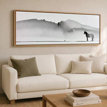Solitude in Ink Horse Landscape panoramic canvas wall art displayed above a sofa