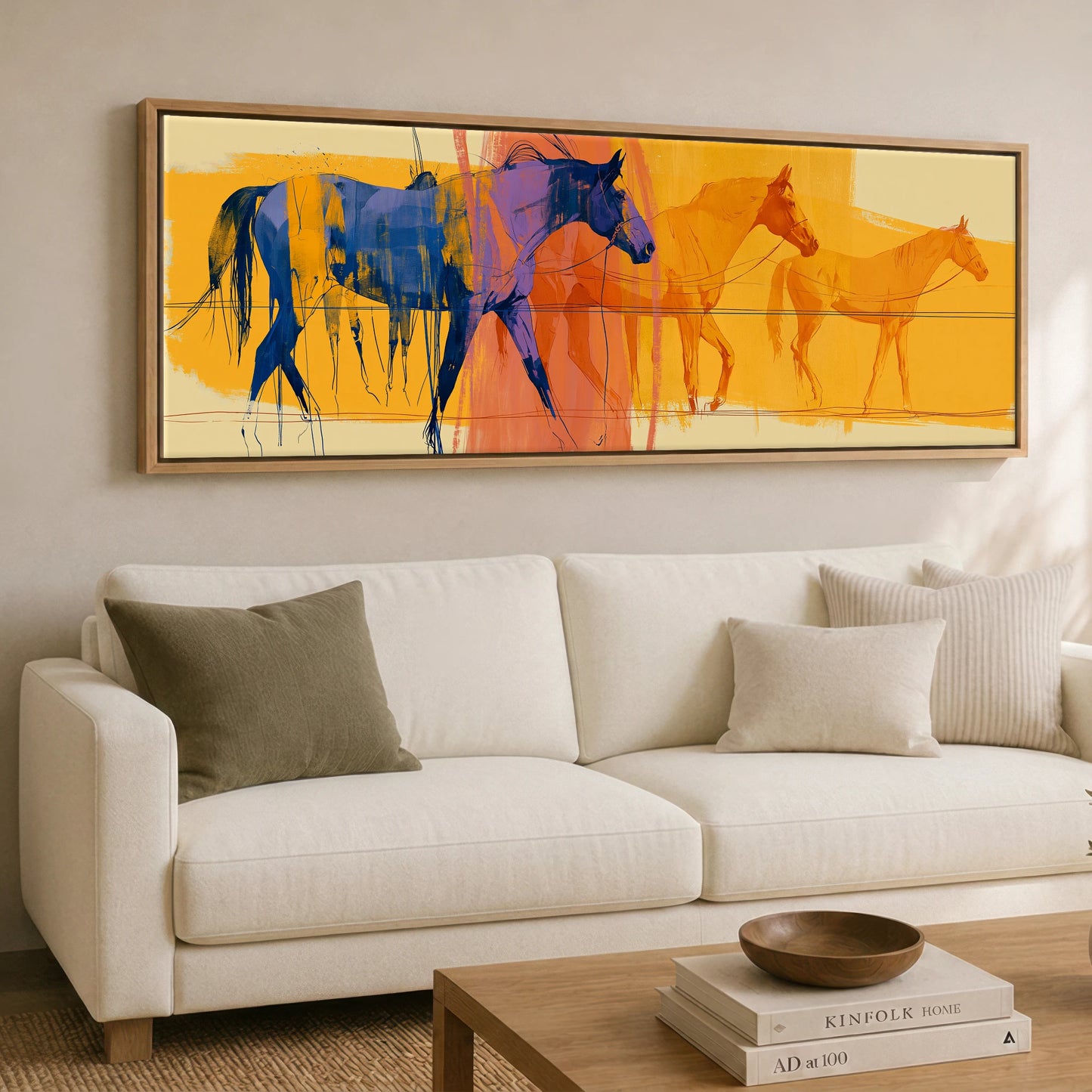 Cobalt Stride Sequence Beach Horse panoramic canvas wall art displayed above a sofa