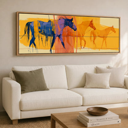 Cobalt Stride Sequence Beach Horse panoramic canvas wall art displayed above a sofa