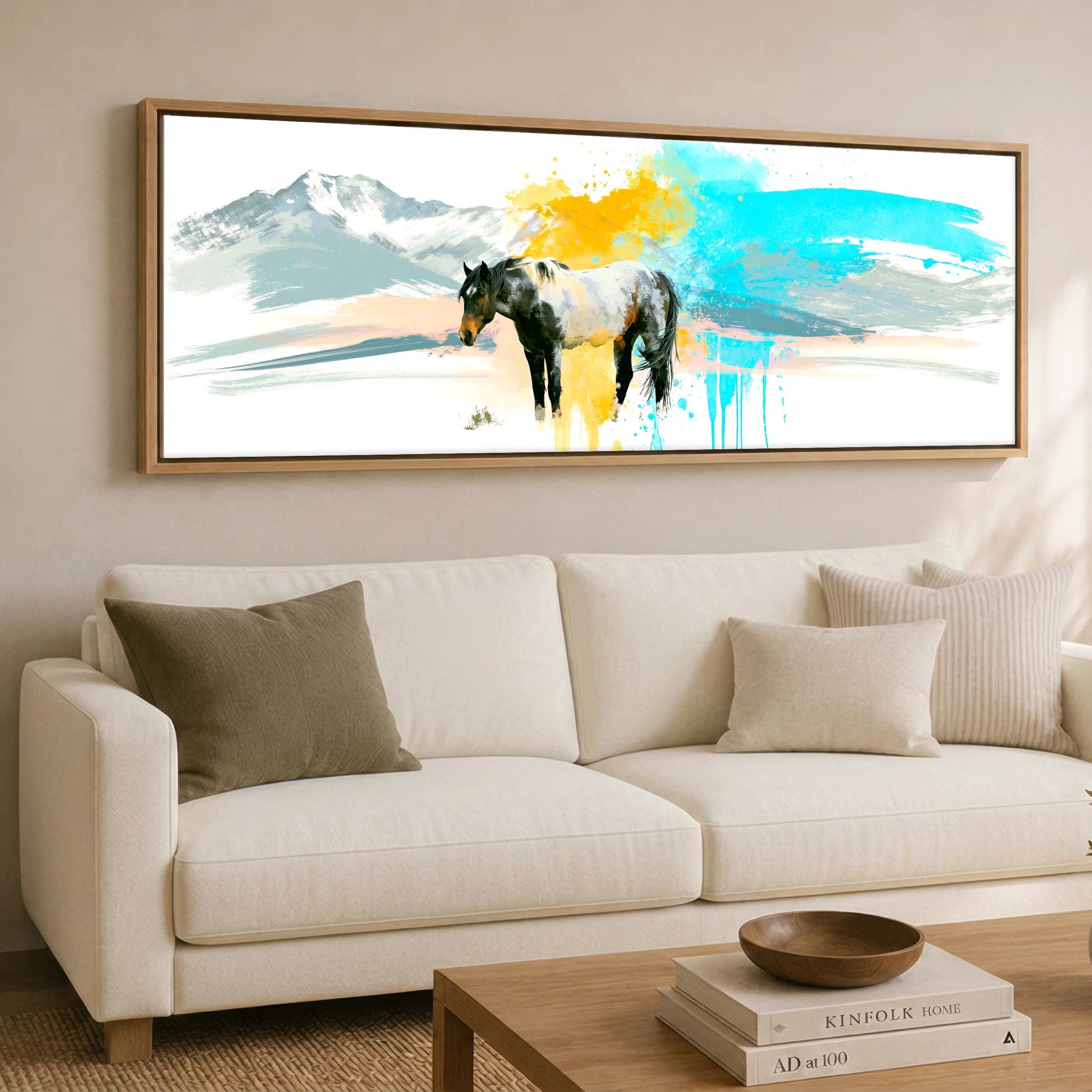 Vibrant Painted Horizons Horse Landscape panoramic canvas wall art displayed above a sofa