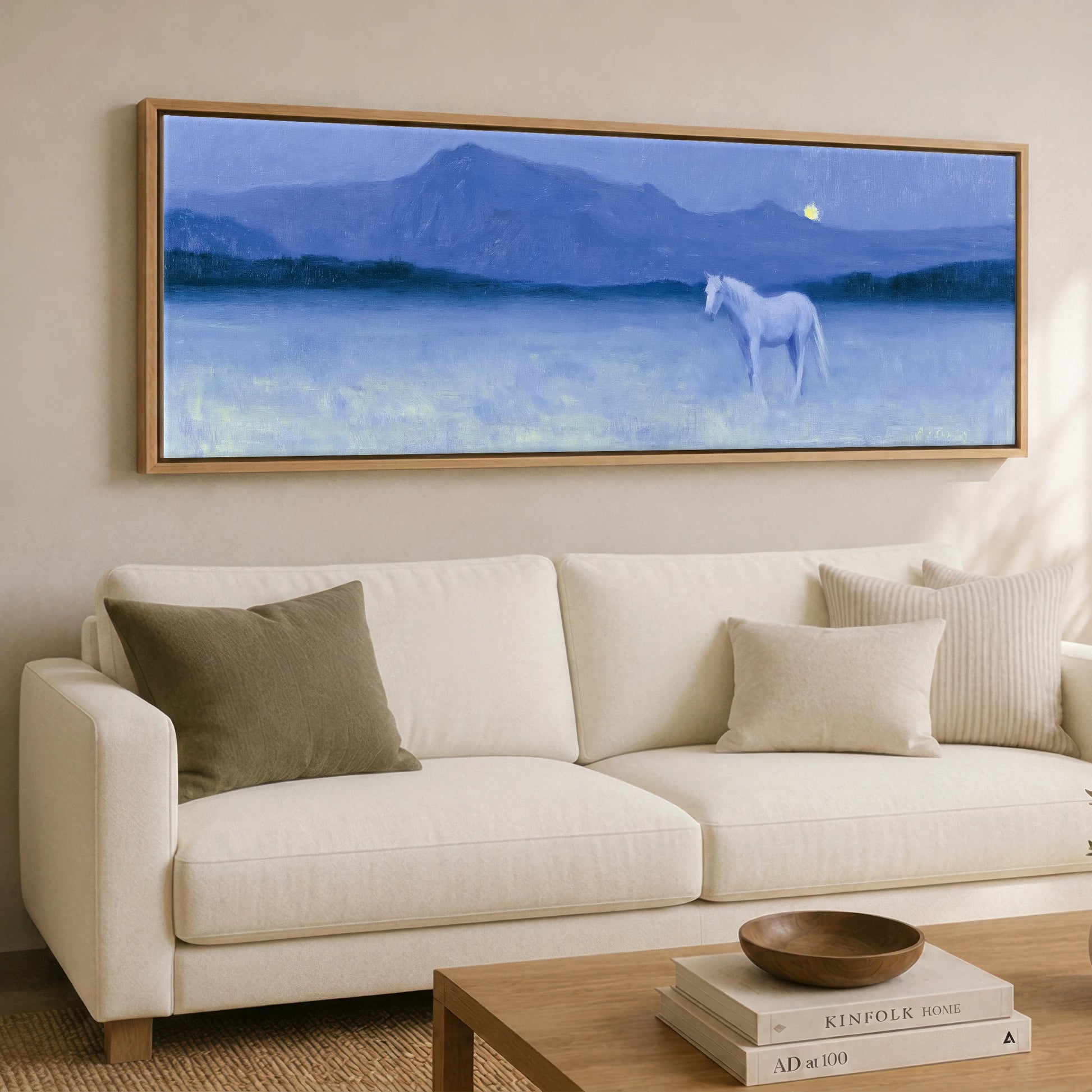 Solitary Grey Under Moonlight Horse Landscape panoramic canvas wall art displayed above a sofa
